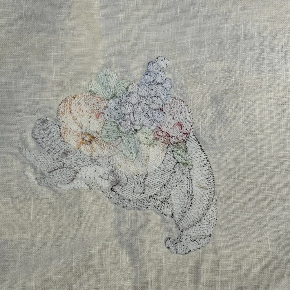 Vintage Linen Tablecloth 42x42 Cornucopia Fruit Harvest Hand Hemstitched Border
